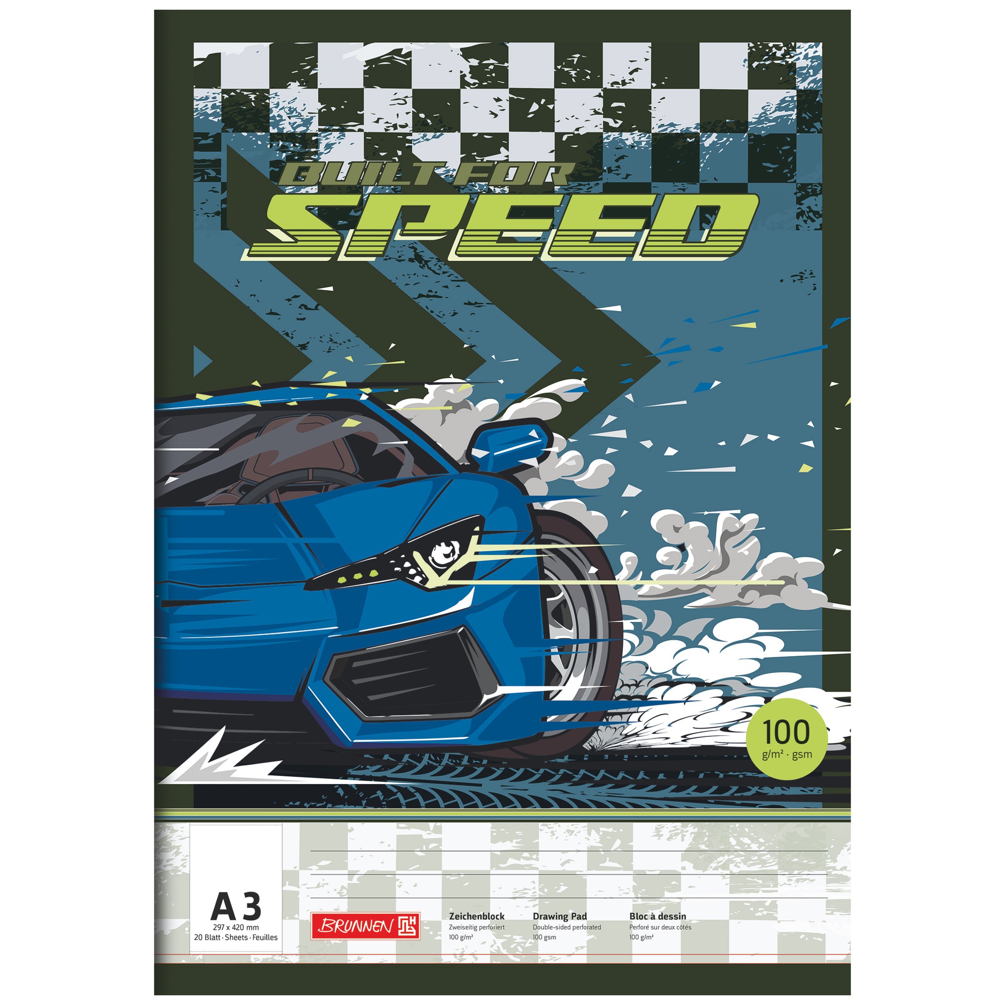 BRUNNEN Zeichenblock A3 · Fast Wheels · Auto · beidseitig befestigt