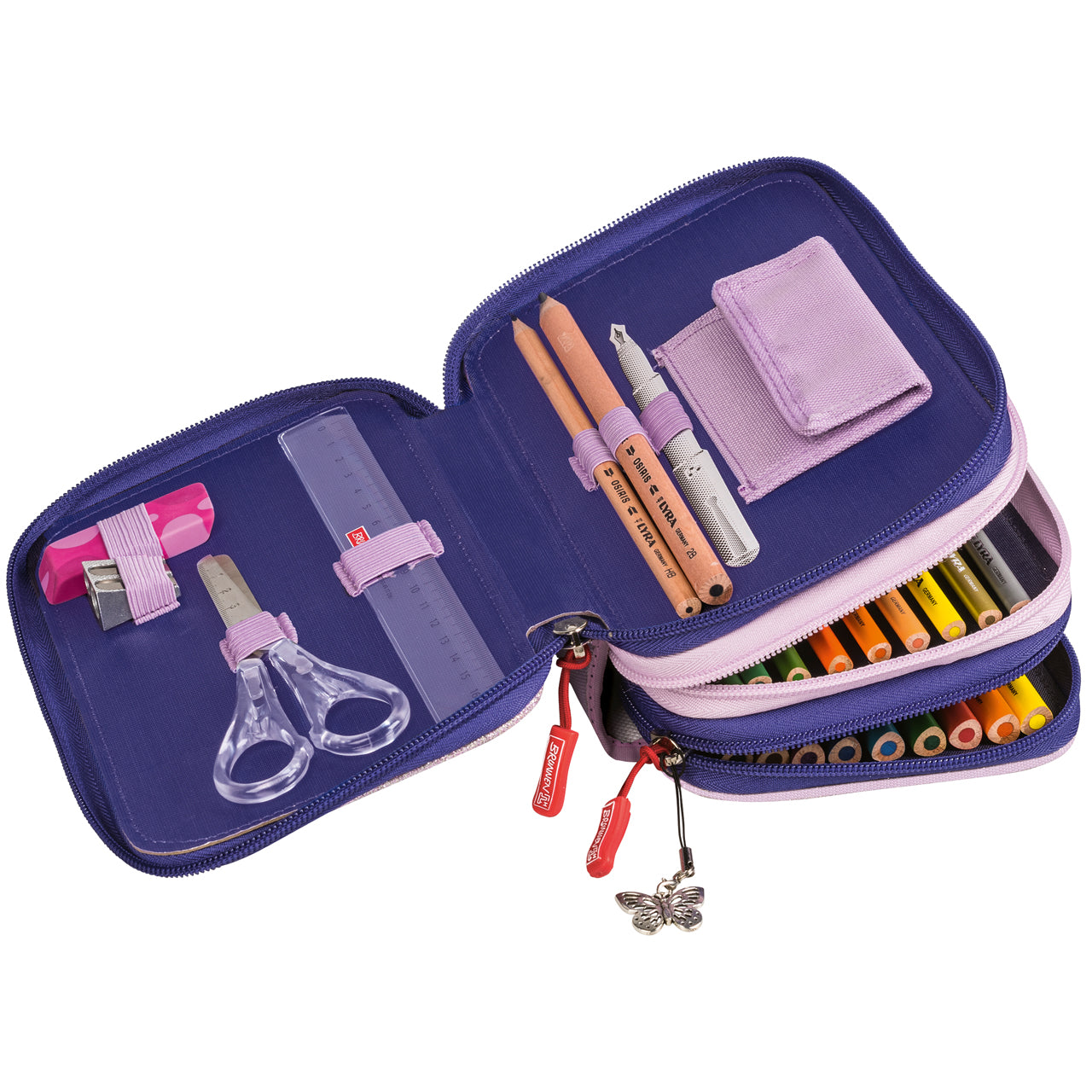 Brunnen-Federmaeppchen-3-Fach-magic-Butterfly-Schmetterling-Triple-Decker-Federmappe-mit-3-Etagen-gefuellt-1049121322-offen-lafueliki