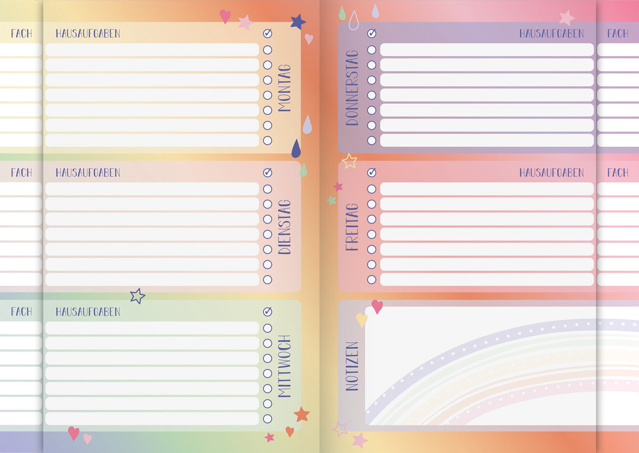 Brunnen-Hausaufgabenheft-A5-pfiffig-Regenbogen-Magic-Rainbow-1046807222-einteilung-Lafueliki