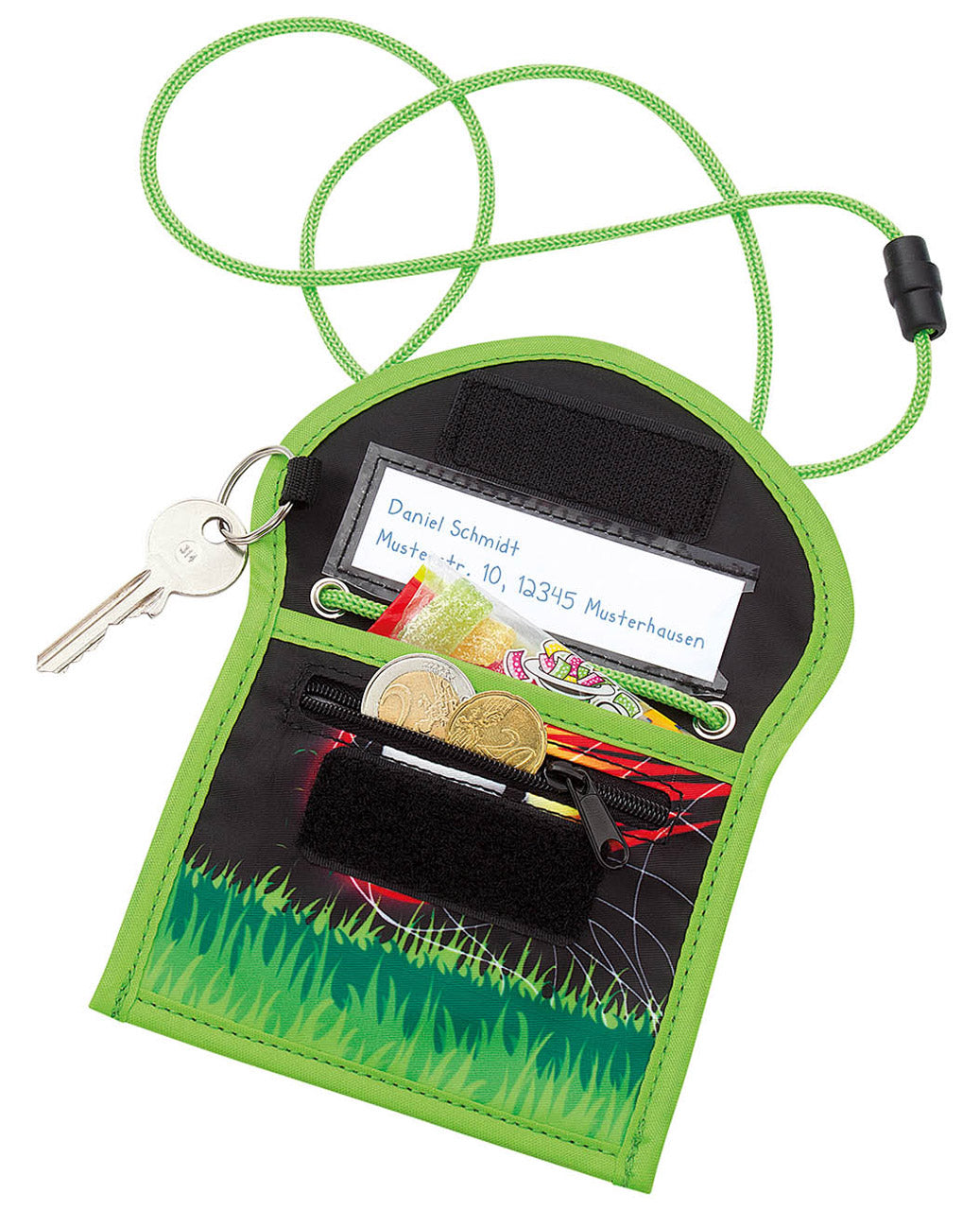 Brustbeutel-Fussball-Kinder-Busfahrkarten-Tasche-offen