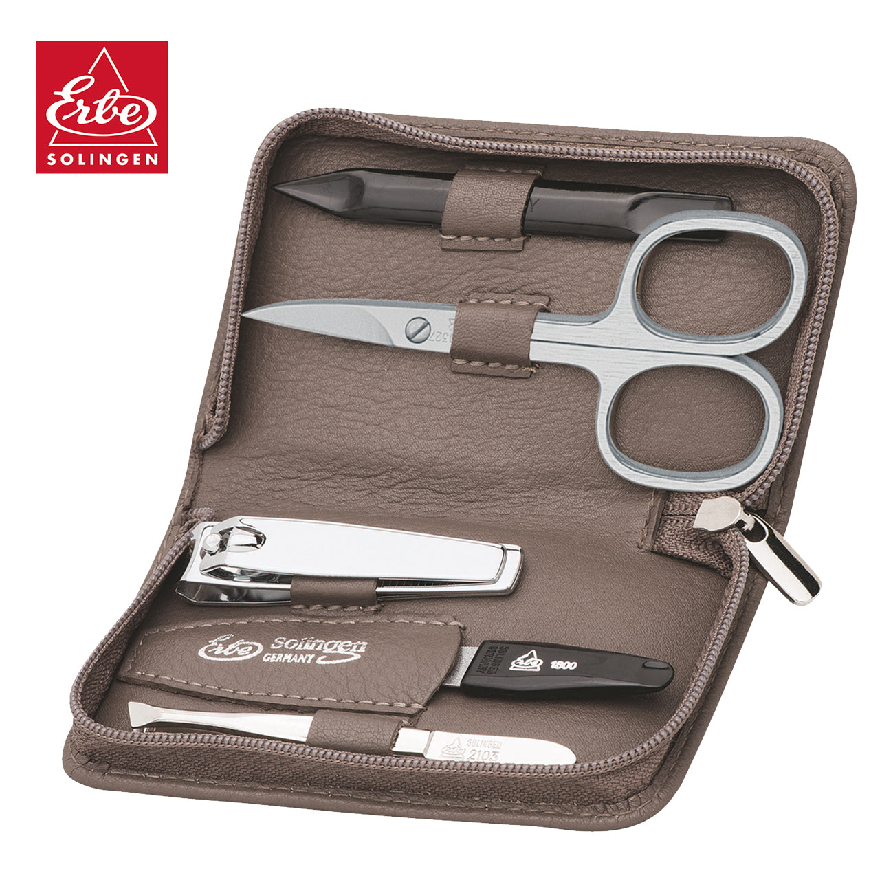 Erbe-Manikuere-Set-5-tlg-Linkshaender-Reissverschluss-9209-RV-Etui-taupe-lafueliki