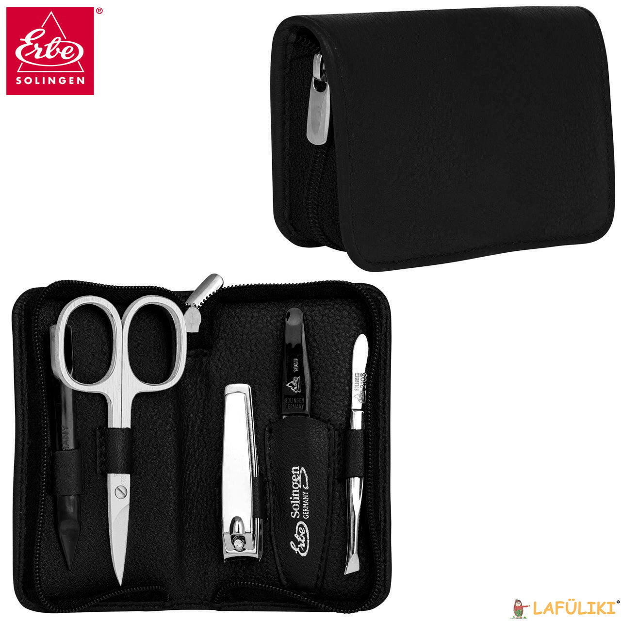 Erbe-Manikuere-Set-Siena-schwarz-5tlg-Linkshaender-Reissverschluss-lafueliki