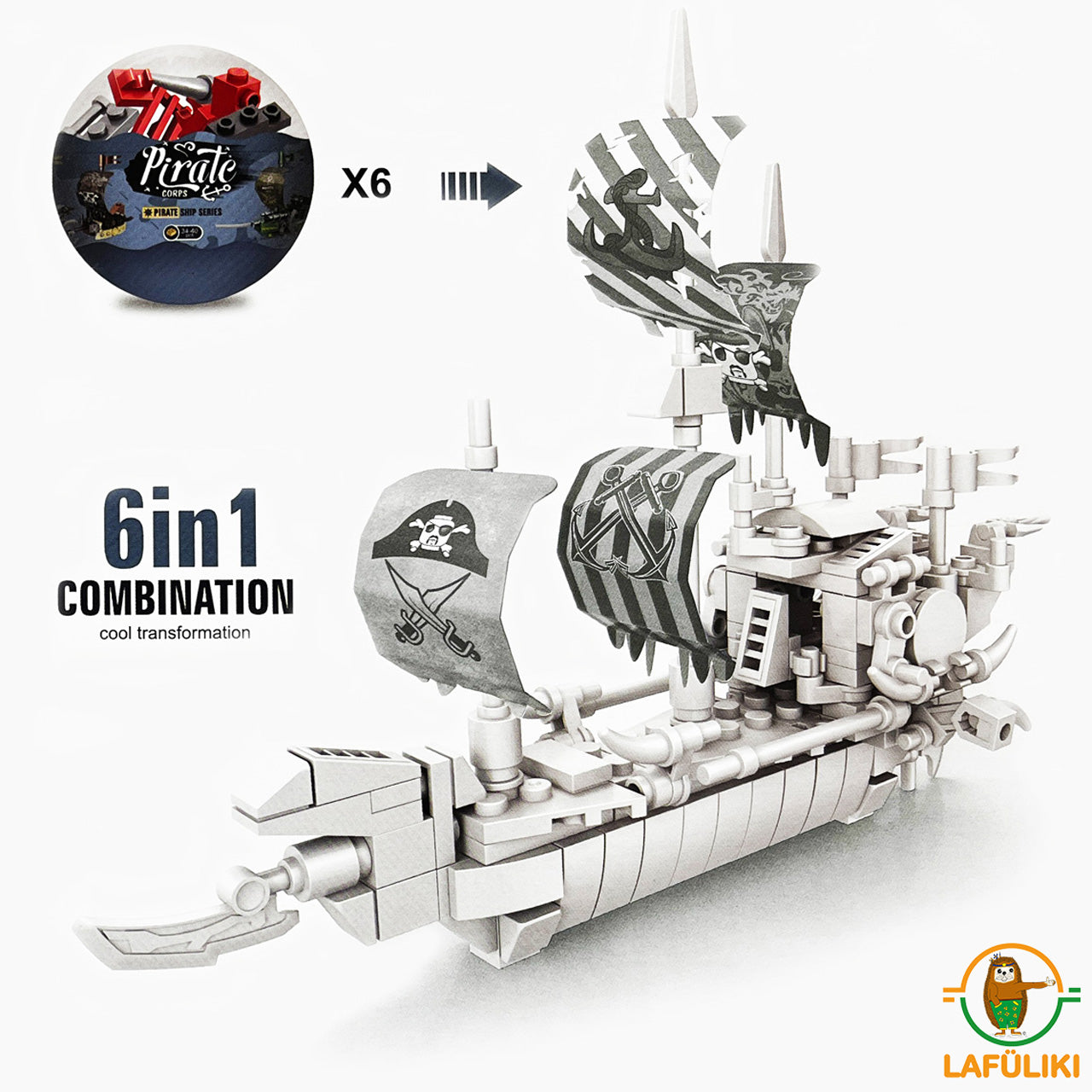 FUN-TRADING-Klemmbaustein-Bausatz-mini-Piraten-Boot-Schiff-4260612166358-Alle-zusammen-gebaut-lafueliki