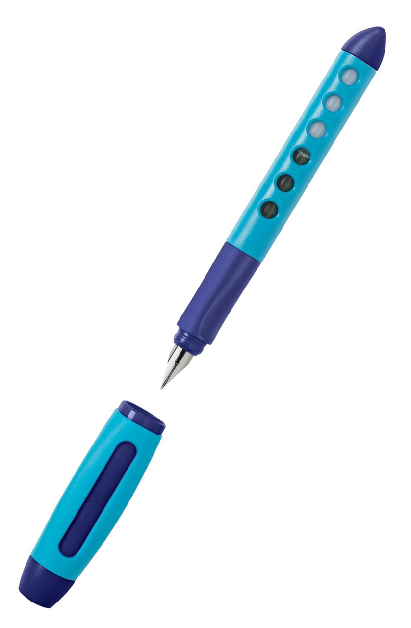 Faber-Castell-Schul-Fuellhalter-Scribolino-fueller-blau-Linkshaender-149849-kappe-offen-lafueliki