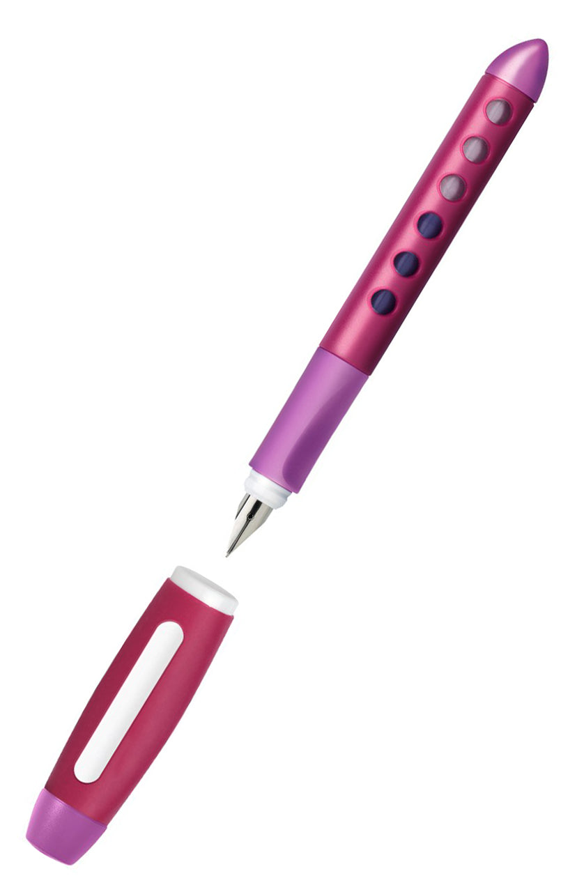 Faber-Castell-Schul-Fuellhalter-Scribolino-fueller-brommbeer-berry-Linkshaender-149861-kappe-offen-lafueliki