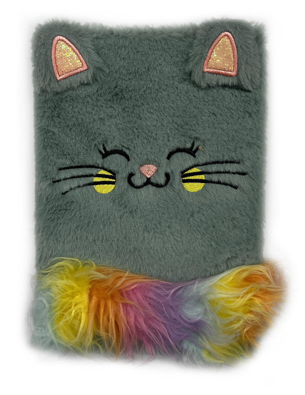Flauschiges-Notizbuch-A5-Katze-gruen-regenbogen-31371-glitzer-Fellimitat-mit-Applikationen-kaufen-lafueliki