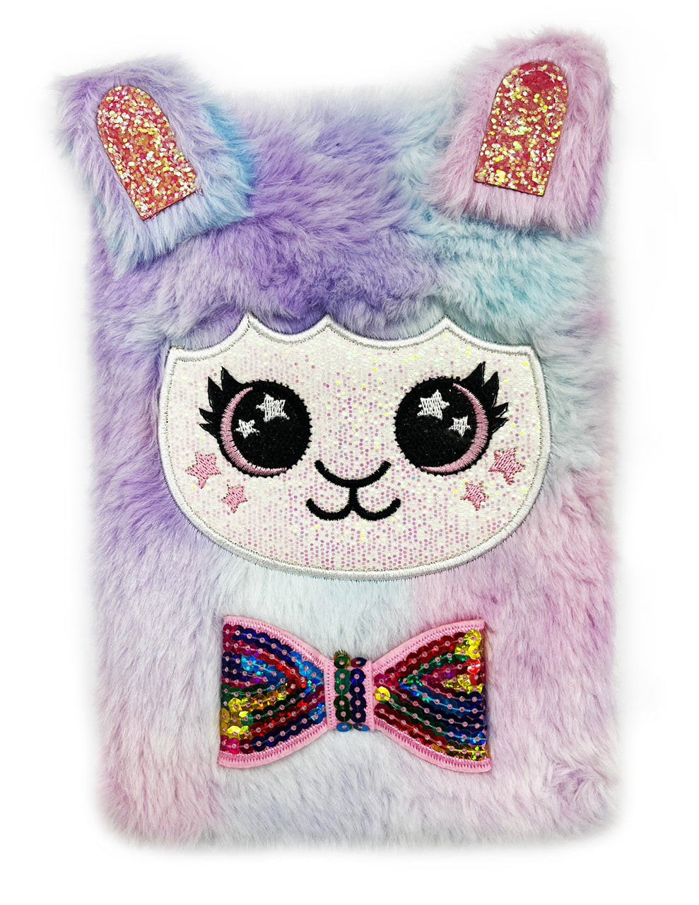 Flauschiges-Notizbuch-A5-Lama-lila-hellblau-31374-glitzer-Fellimitat-mit-Applikationen-kaufen-lafueliki