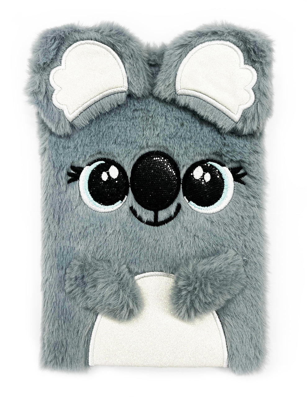 Flauschiges-Notizbuch-A5-koala-grau-31348-glitzer-Fellimitat-mit-Applikationen-kaufen-lafueliki