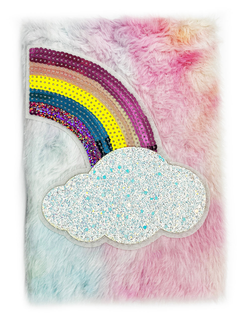 Flauschiges-Notizbuch-A5-regenbogen-rosa-hellblau-31352-glitzer-Fellimitat-mit-Applikationen-kaufen-lafueliki