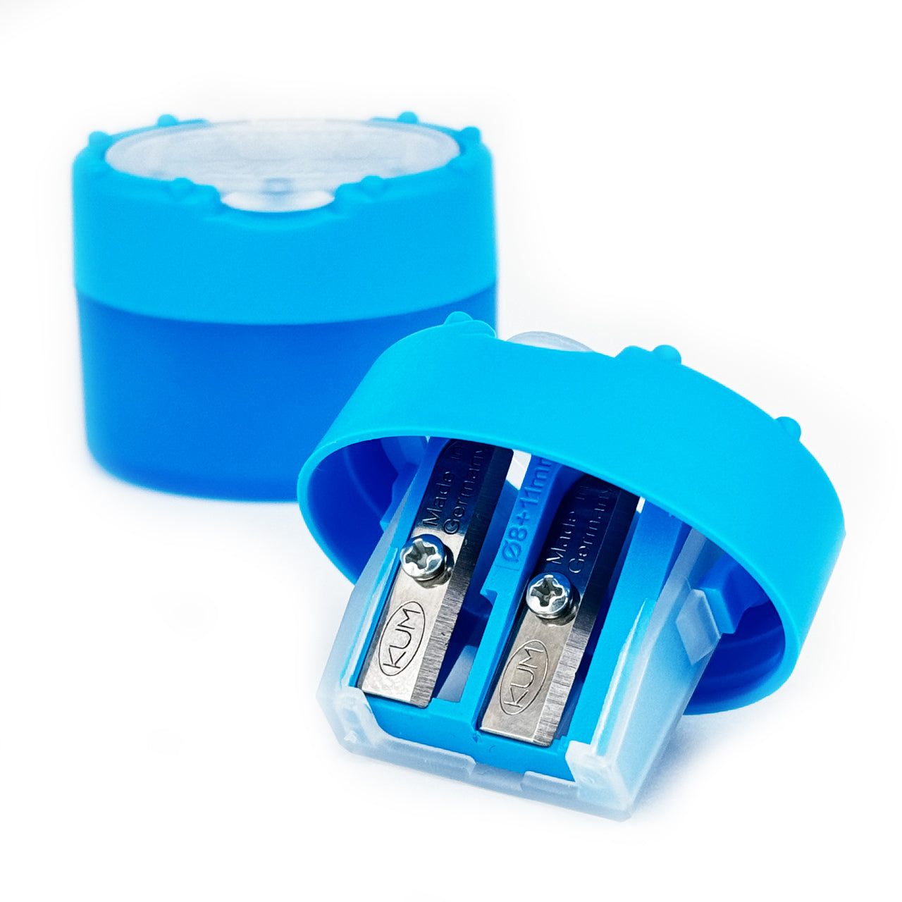 KUM-Anspitzer-mit-Behaelter-fuer-die-Schule-hellblau-2Fach-Click-Clack-Rechtshaender-dicke-duenne-Stifte-Dosenspitzer-lafueliki