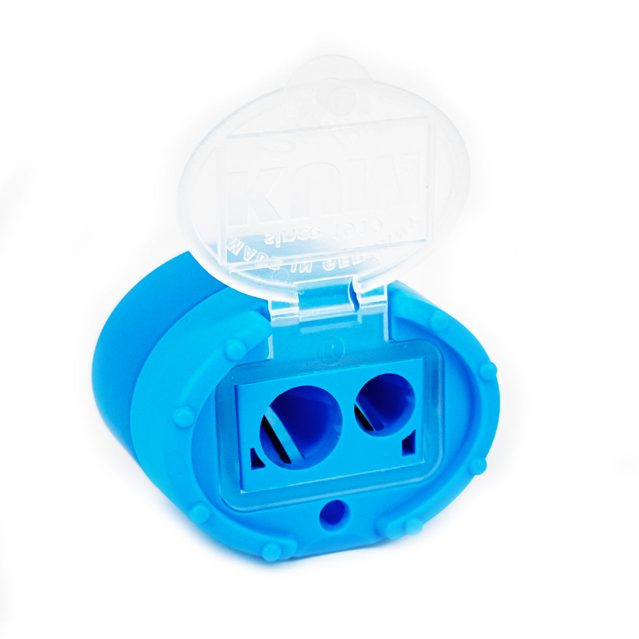 KUM-Anspitzer-mit-Behaelter-fuer-die-Schule-hellblau-offen-2Fach-Click-Clack-lafueliki