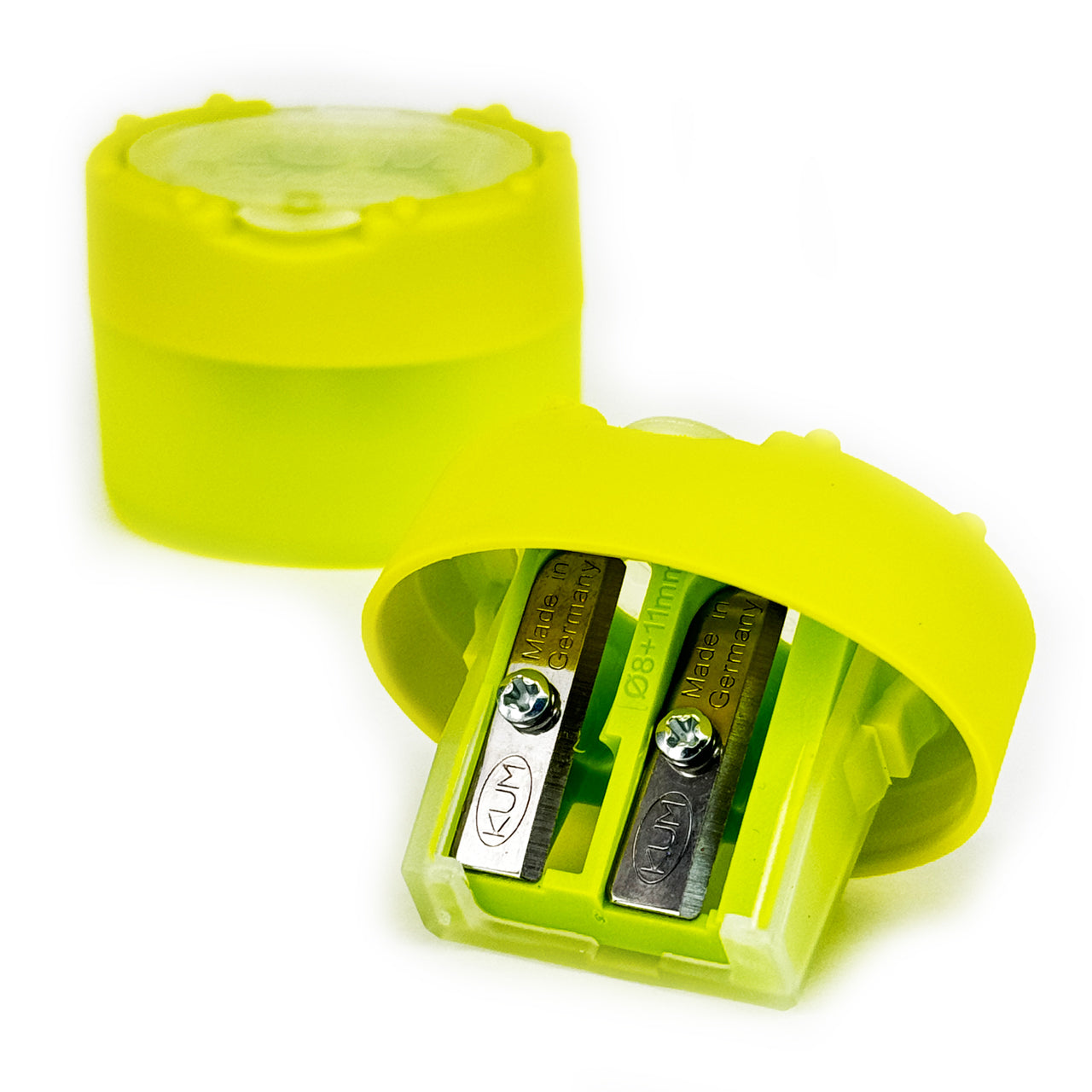 KUM-Anspitzer-mit-Behaelter-fuer-die-Schule-hellgruen-2Fach-Click-Clack-Rechtshaender-dicke-duenne-Stifte-Dosenspitzer-lafueliki