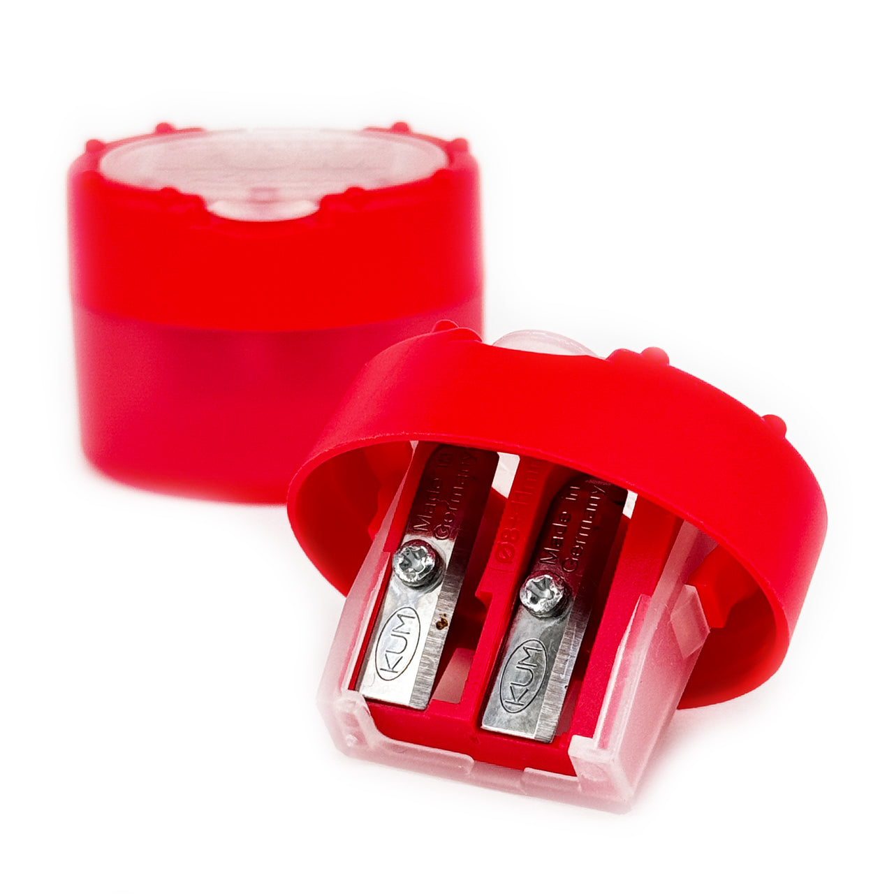 KUM-Anspitzer-mit-Behaelter-fuer-die-Schule-rot-2Fach-Click-Clack-Rechtshaender-dicke-duenne-Stifte-Dosenspitzer-lafueliki