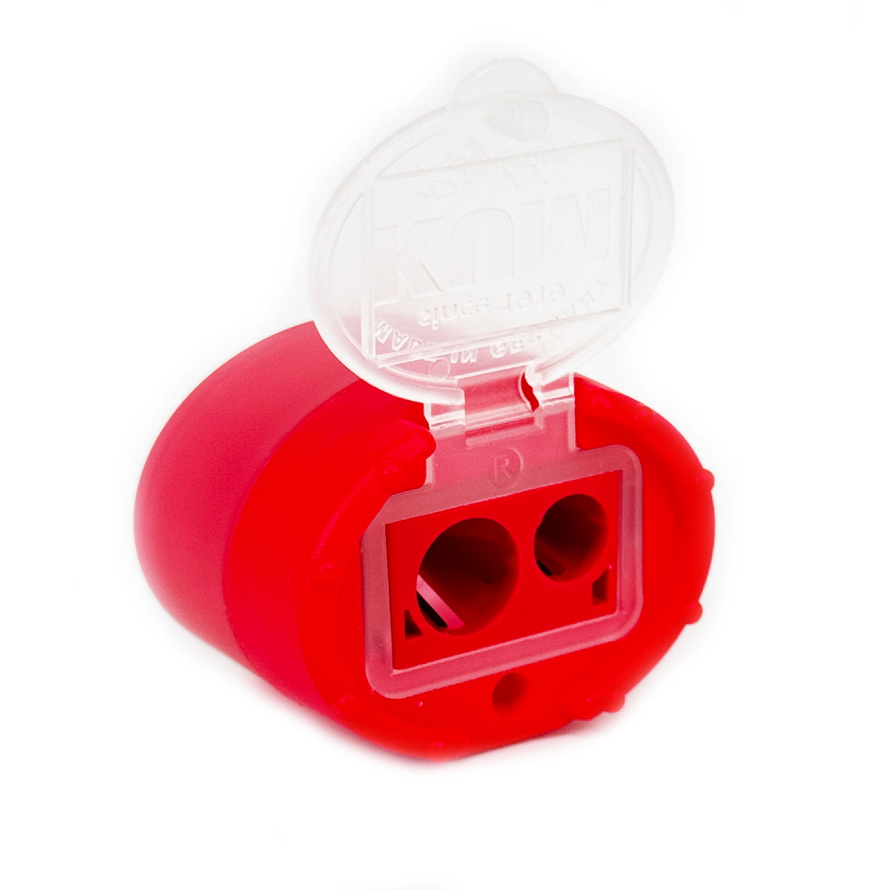 KUM-Anspitzer-mit-Behaelter-fuer-die-Schule-rot-offen-2Fach-Click-Clack-lafueliki