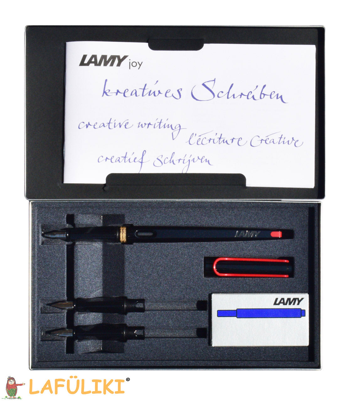 LAMY-joy-Schoenschreibset-schwarz_rot-Geschenkbox-offen-1215603-LAFueLIKI