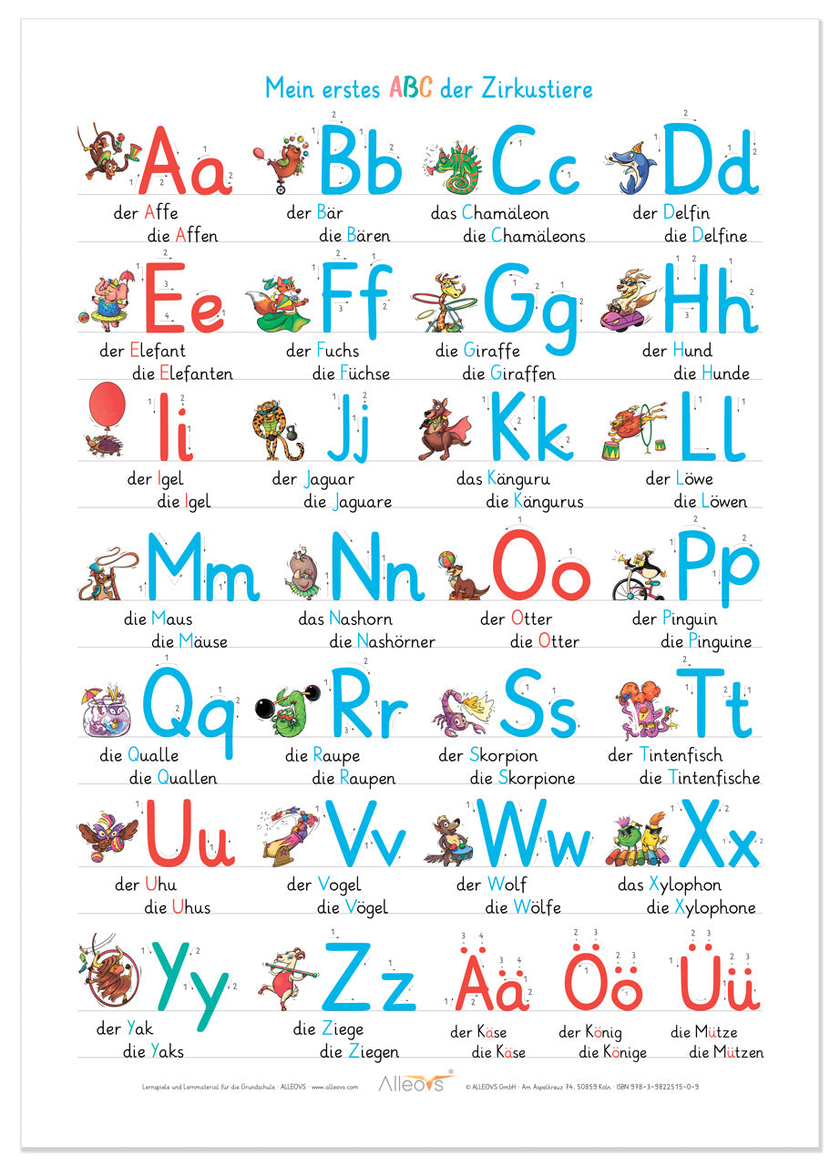 Lernposter-Mein-erstes-ABC-der-Zirkustiere-1509-Grundschule-Buchstabenposter-Alleovs-lafueliki
