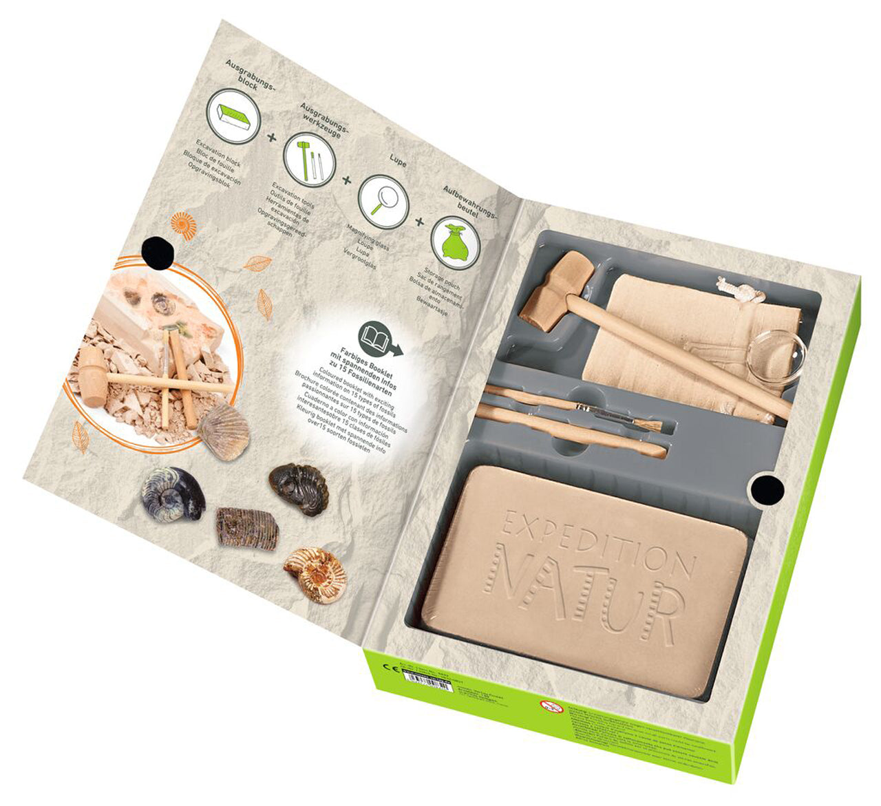 Moses-Verlag-Ausgrabungsset-fuer-Kinder-4-echte-versteinerte-Fossilien-Expedition-Natur-Komplettset-9832-ovp-offen-lafueliki