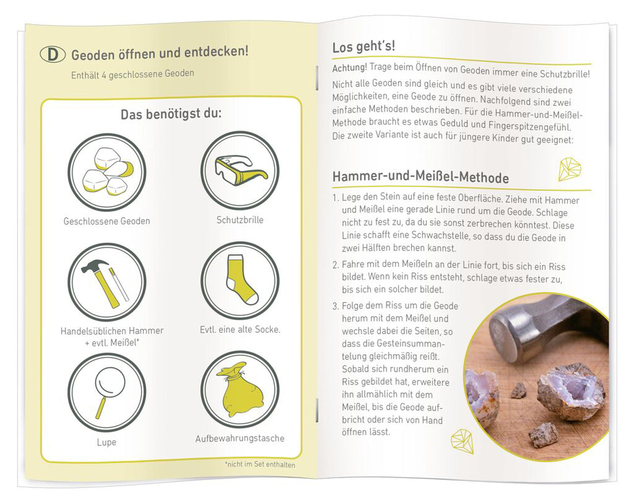 Moses-Verlag-Entdecker-Set-fuer-Kinder-4-Geoden-zum-aufbrechen-9833-EXPEDITON-NATUR-anleitung-offen-lafueliki