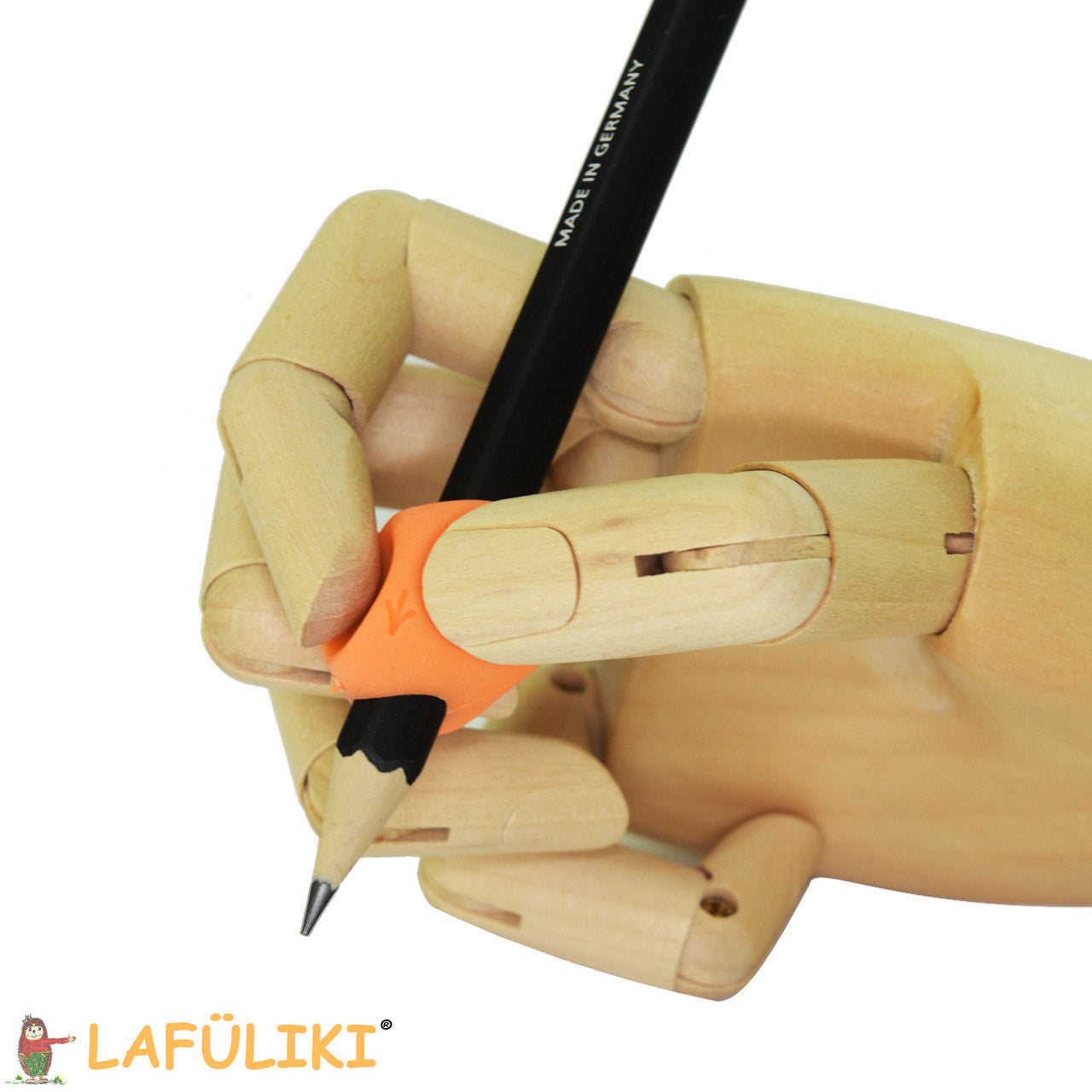 Muldenschreibhilfe-Stetro-kurz-orange-klein-stifthaltung-schreibhilfe-lafueliki
