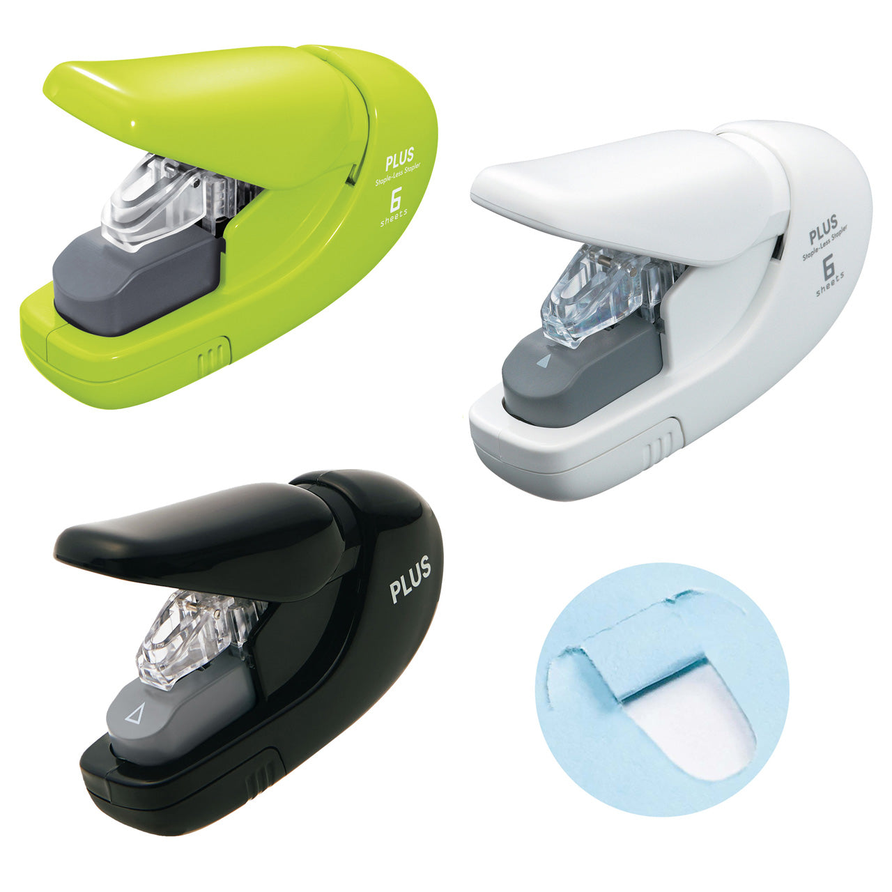 PLUS-JAPAN-Heftgeraet-klammerlos-bis-5-Blatt-mini-Hefter-schwarz-weiss-gruen-lafueliki