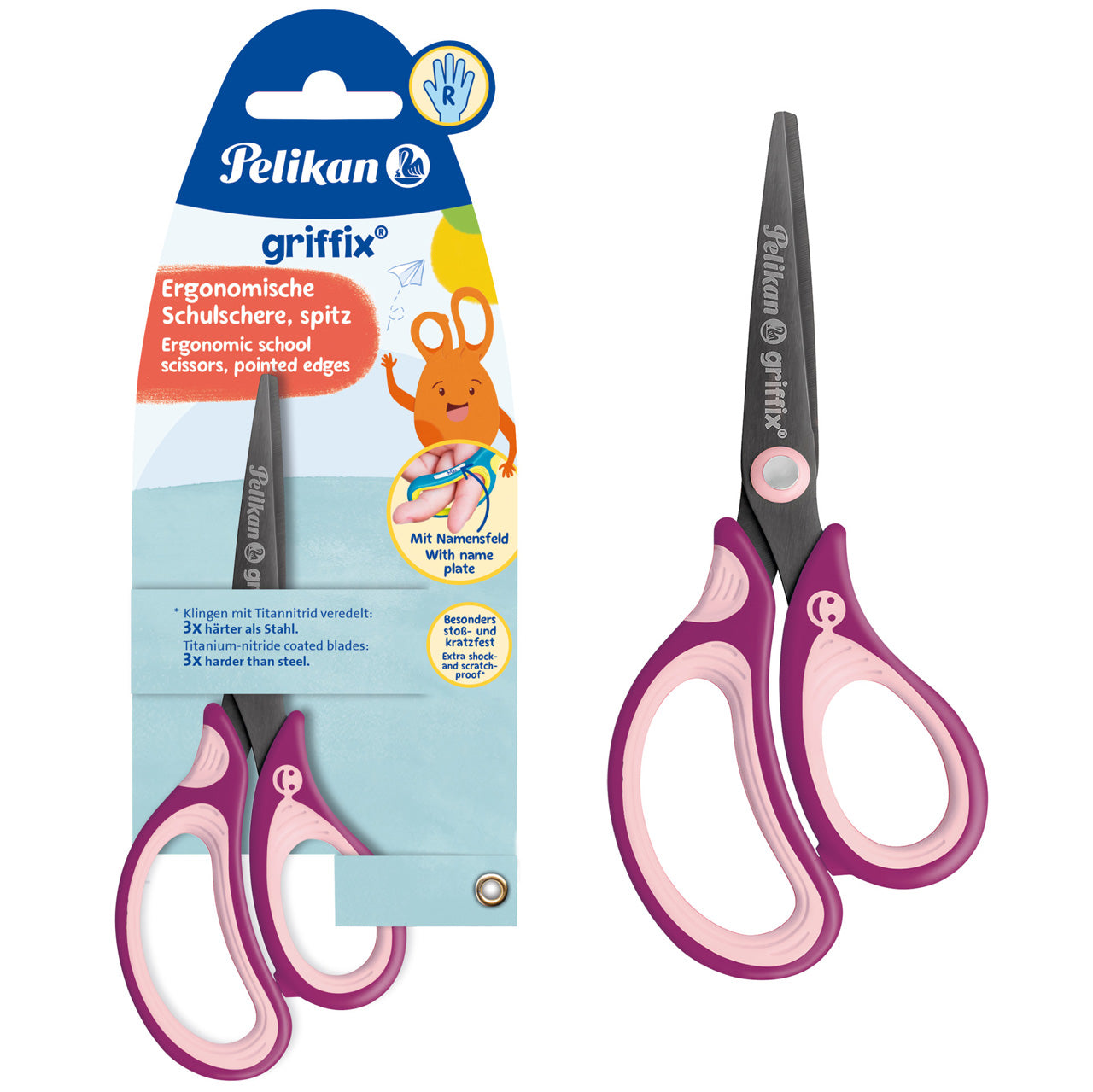 Bild zeigt die Pelikan Griffix Schulschere für Rechtshänder spitz in der Farbe Sweet-Berry lila-rosa 819107