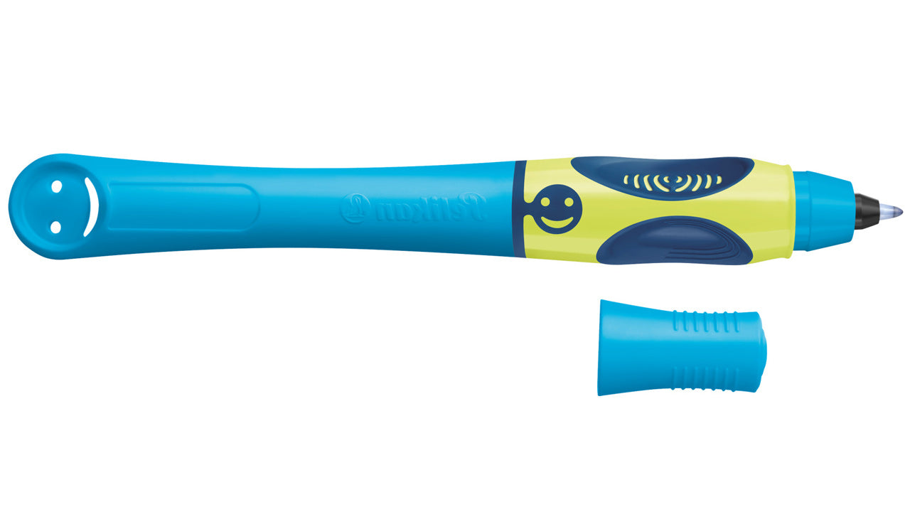 Pelikan-Griffix-Tintenroller-Linkshaender-Neon-Fresh-Blue-820479-kappe-offen-lafueliki