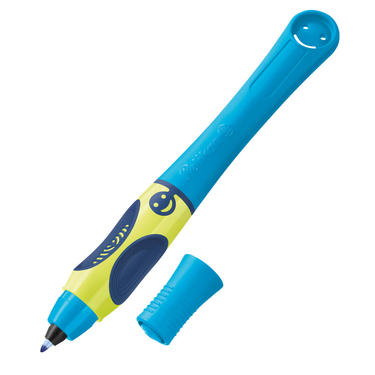 Das Bild zeigt den Pelikan Griffix Tintenroller für Rechtshänder in der Farbe Neon Fresh Blue - blau-grün.