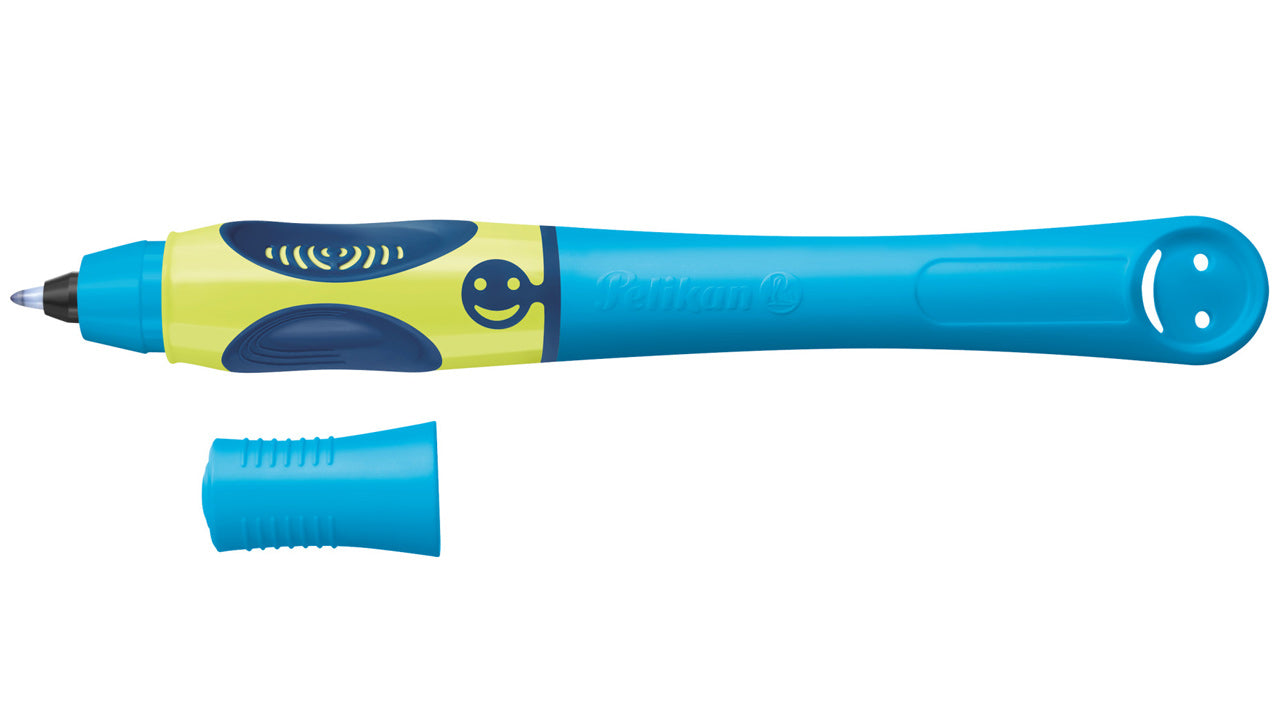 Pelikan-Griffix-Tintenroller-Rechtshaender-Neon-Fresh-Blue-820462-kappe-offen-lafueliki