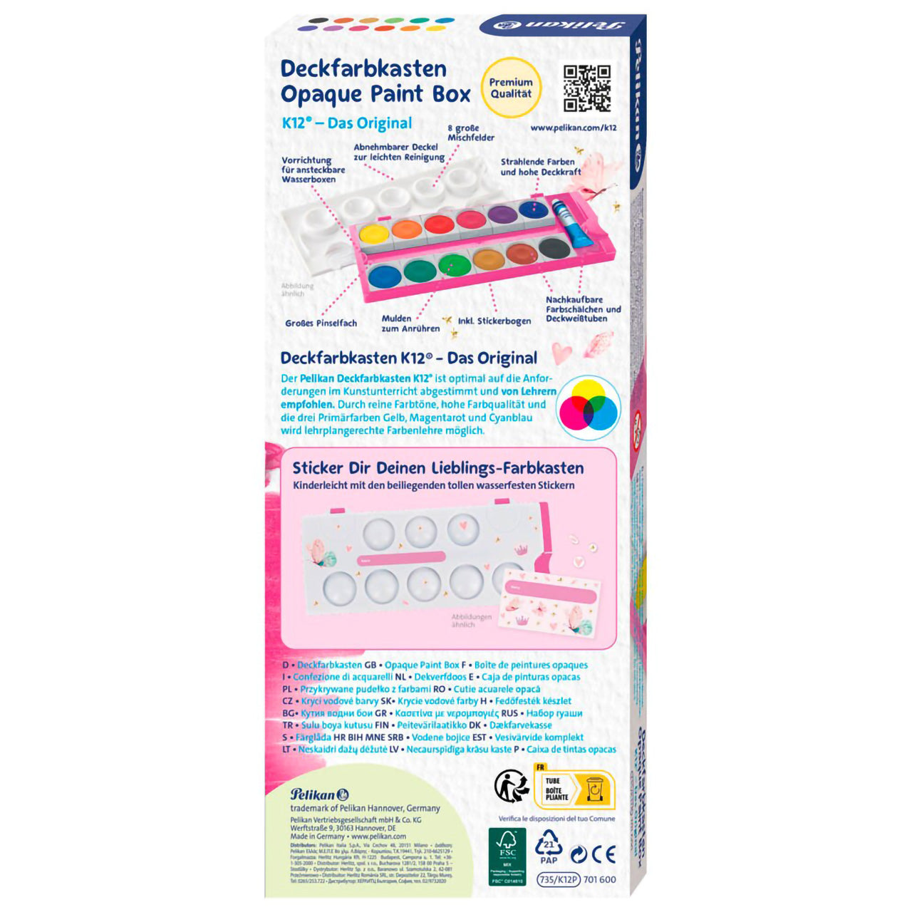 Pelikan Deckfarbkasten K12® · 12 Farben · inkl. Deckweiß · pink