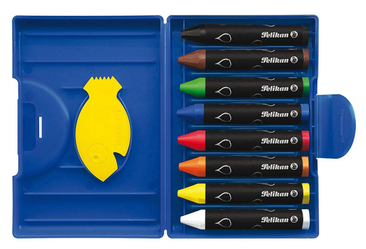 Pelikan-Wachsmaler-8er-rund-wasservermalbar-verpackt-offen