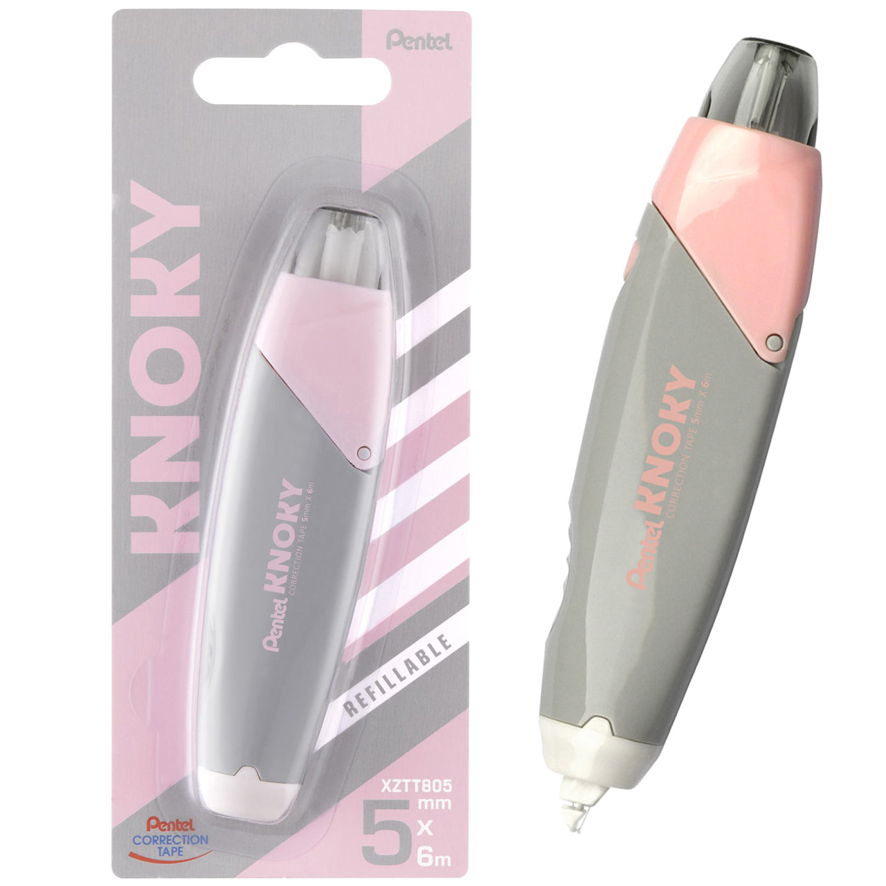 Pentel-Knoky-Korrekturroller-pastell-grau-XZTT805N-WY-Druckmechanik-Mehrweg-lafueliki
