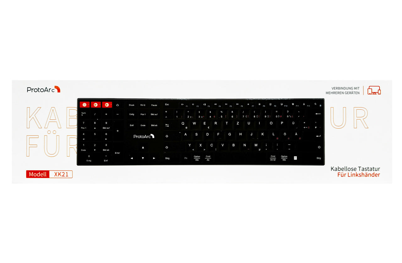 ProtoArc-Linkshaender-Tastatur-XK21-DE-kabellose-Bluetooth-USB-lefthand-schwarz-QWERTZ-Deutsch-ovp-linkshander-lafueliki
