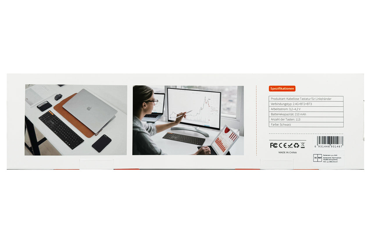 ProtoArc-Linkshaender-Tastatur-XK21-DE-kabellose-Bluetooth-USB-schwarz-QWERTZ-Deutsch-ovp-ruckseite-lafueliki