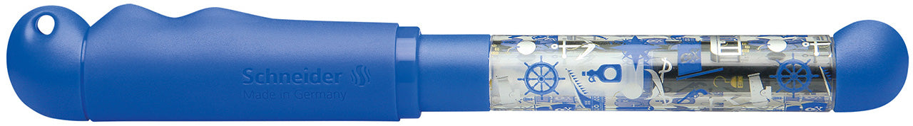 Schneider-Base-Kid-Fuellfederhalter-Fueller-fuer-Rechtshaender-blau-Pirat-kappe