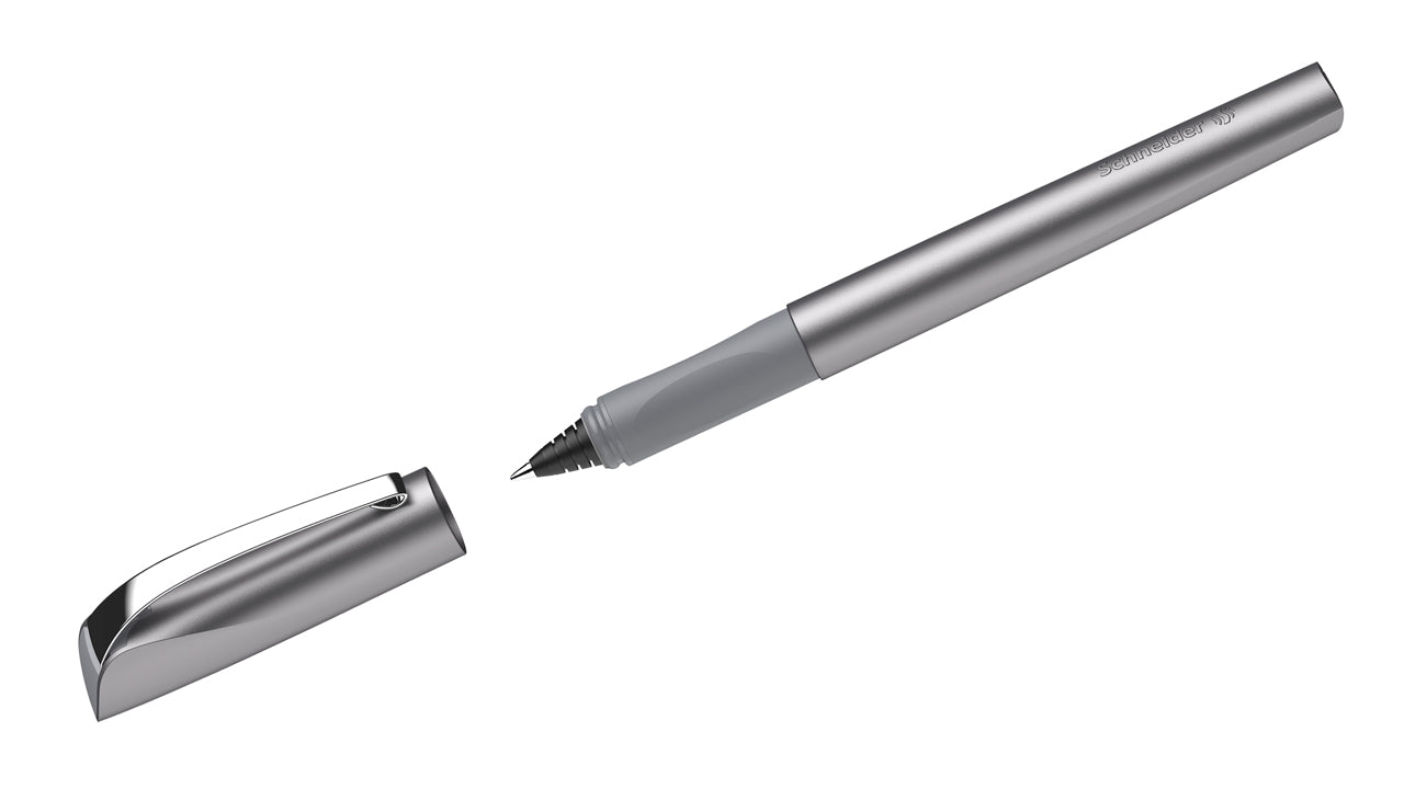 Schneider-Tintenroller-Ceod-Shiny-grau-silber-mit-metallspitz-nicht-radierbar-186221-roller-offen-lafueliki