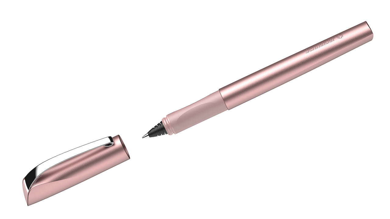 Schneider-Tintenroller-Ceod-Shiny-powder-pink-mit-metallspitz-nicht-radierbar-186209-stift-offen-lafueliki