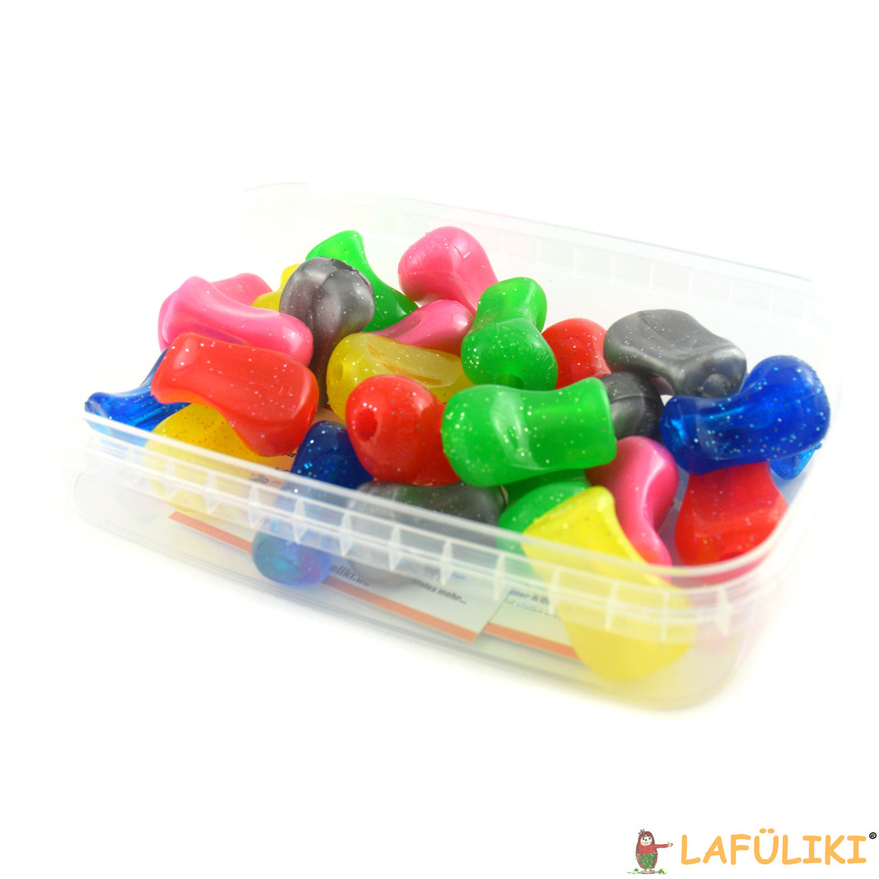 Schreibhilfen-Set-Pencil-Grip-mini-glitzer-box-offen-6307-25_Stueck-Kinder-Griffhilfe-lafueliki