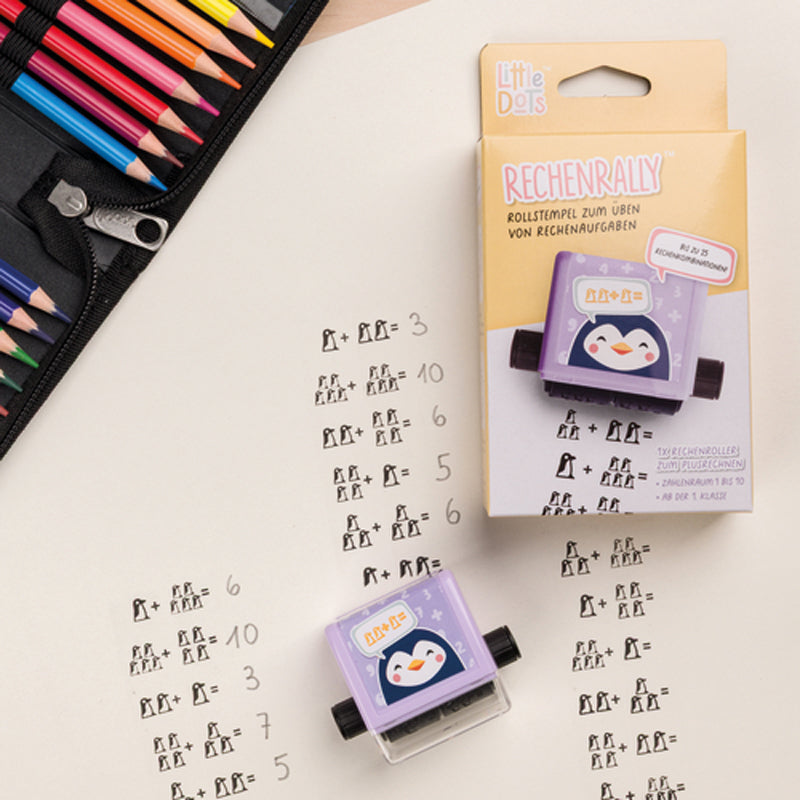 TRODAT Little Dots Rechenrally Rollstempel · Erstes Zählen 1–10 · Pinguin