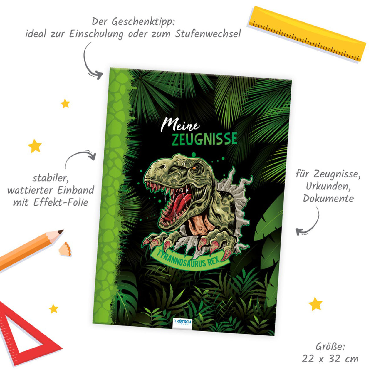 TRÖTSCH Zeugnismappe A4 · Dinosaurier · 10 Einsteckfolien · Effekt-Folie