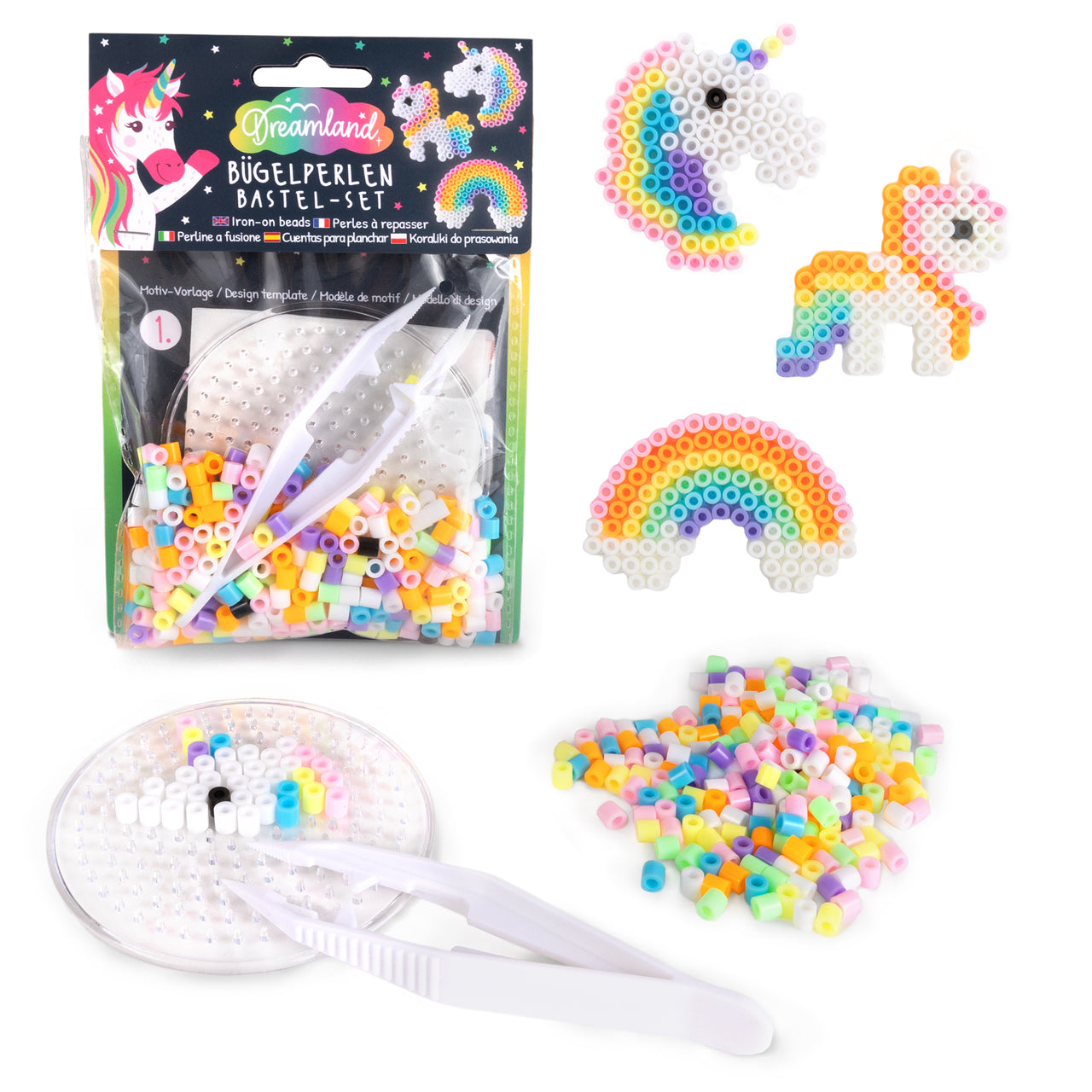 Trendhaus-Buegelperlen-Bastelset-3-motive-Einhorn-Regenbogen-961112-DREAMLand-kaufen-lafueliki