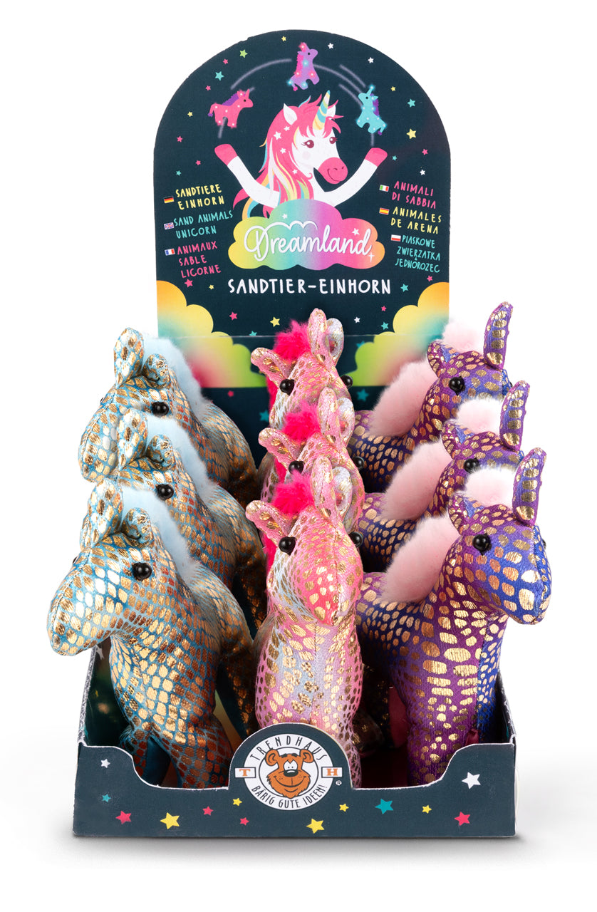Trendhaus-Sandtier-Einhorn-schillernde-Stoff-Figuren-mit-Sandfuellung-962508-3-farben-ovp-VE-lafueliki