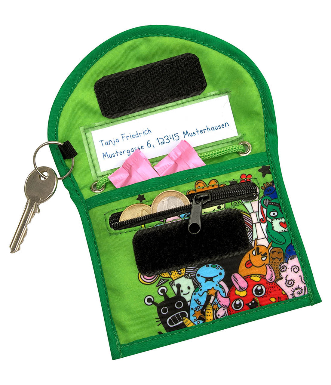 Brustbeutel Monster innen Ansicht Schlüsselring und Münzfach mit Reißverschluss