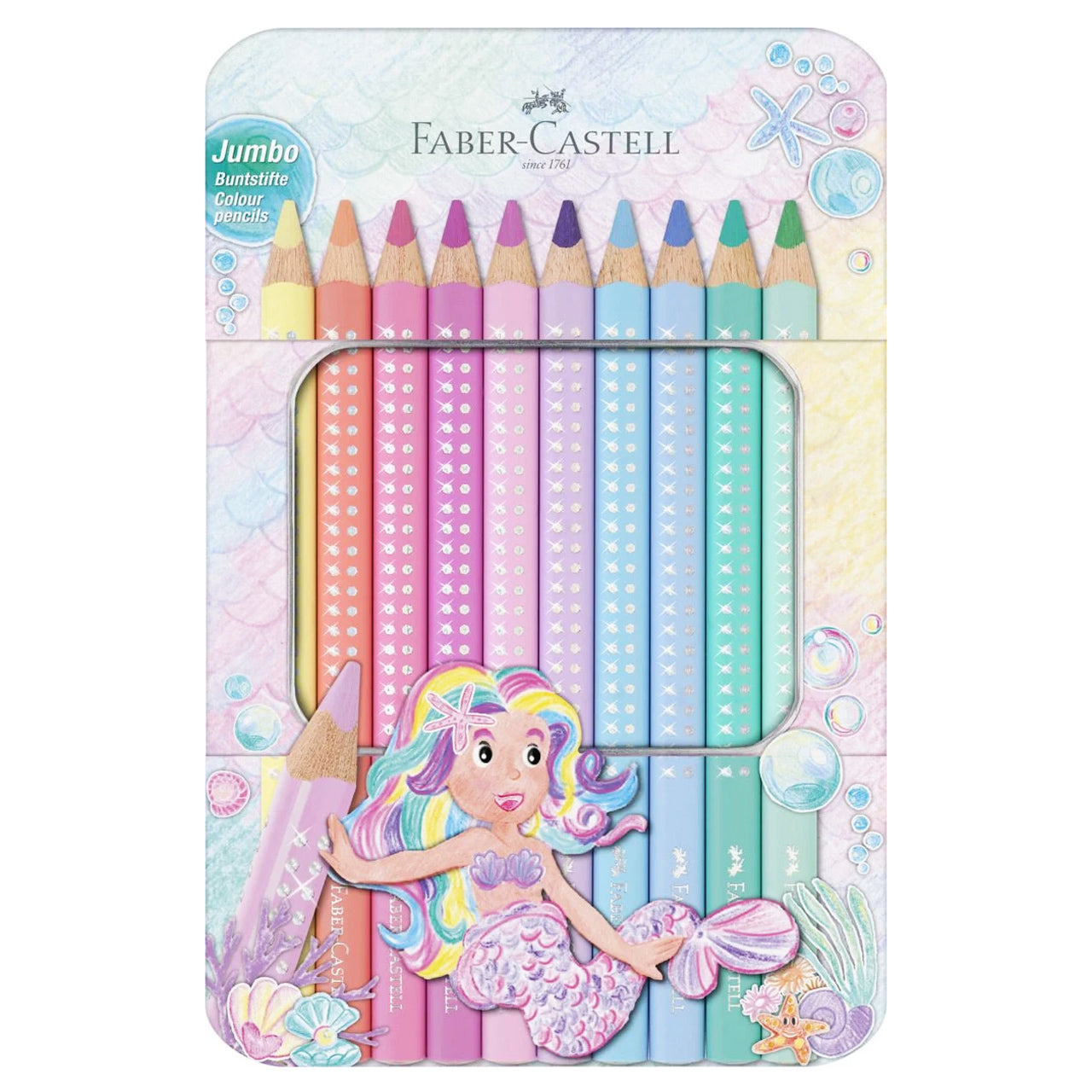 Faber Castell Jumbo Buntstift · Sparkle Pastell · 10er Set · Metalletui
