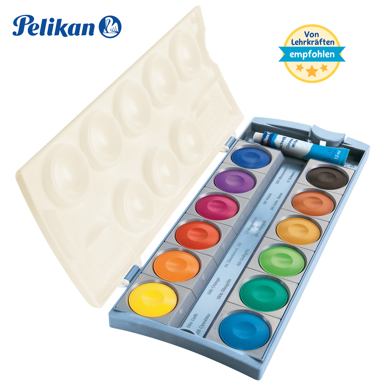 Pelikan-Deckfarbkasten-K12-eco-12-farben-fuer-die-Schule-701174-offenFarbkasten-nachaltig
